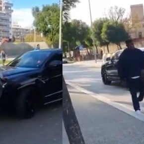 Un hincha del Barcelona se subió al capó de su auto y Umtiti explotó