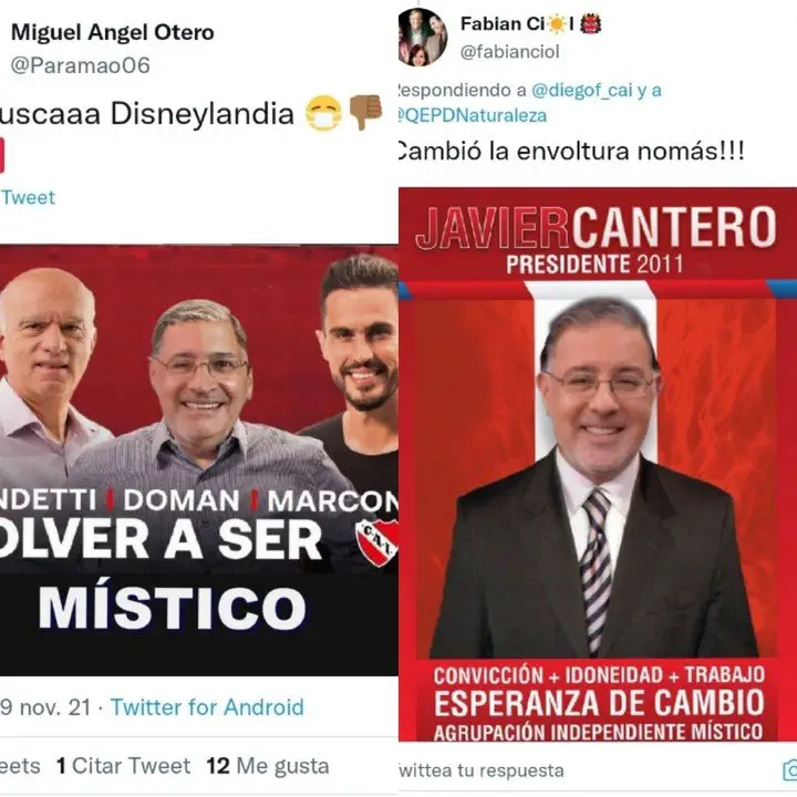 Miguel Otero y Fabián Ciol, integrantes de la Junta Electoral de Independiente, en sus cuentas de Twitter.