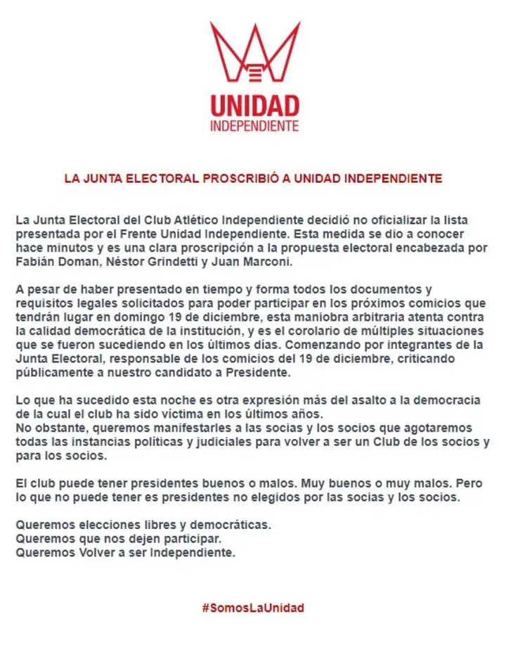 El comunicado de Unidad Independiente.
