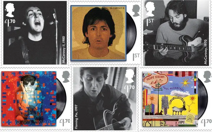 La colección de estampillas que con la cual Royal Mail homenajea a Paul McCartney incluye ocho tapas de sus álbumes solistas y retratos de dstintas etapas de su carrera. Foto Reuters