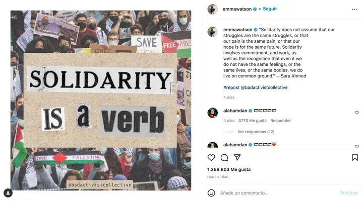 La declaración de solidaridad de Emma Watson con el pueblo palestino provocó una acusación sin fundamentos del ex embajador de Israel en Naciones Unidas. Foto IG Emma Watson