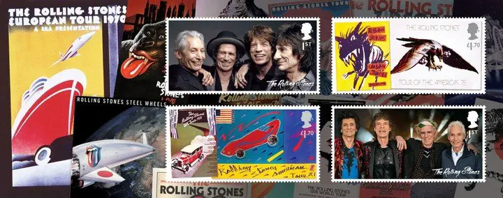 Cuatro estampillas que desde el 20 de enero honrarán la historia de The Rolling Stones. Royal Mail/Handout via REUTERS