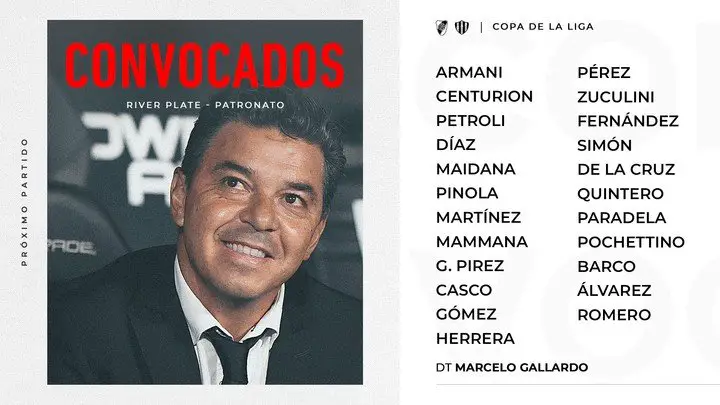 Los convocados de Gallardo para el partido de este miércoles ante Patronato en el Monumental.