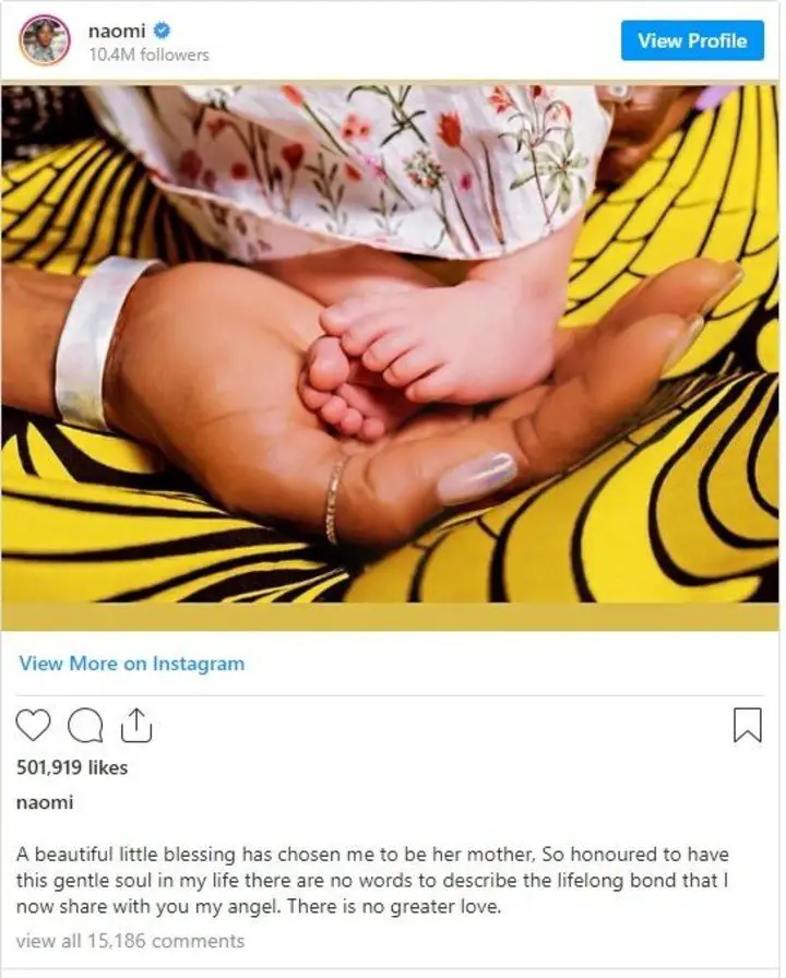El posteo de Instagram en el que Naomi Campbell anunciaba, en mayo de 2021, el nacimiento de su hija,