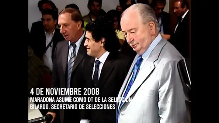 Bilardo, con Maradona y Grondona, en la asunción de Diego como técnico de la Selección Argentina.