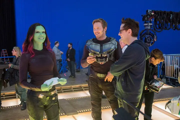 Filmando "Guardianes de la galaxia Vol. 2", con Zoe Saldana (Gamora) y Chris Pratt (Star-Lord/Peter Quill). Foto Marvel