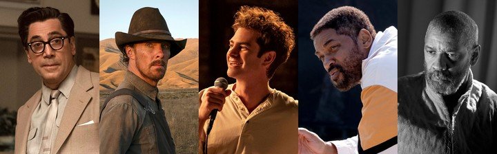 Los cinco candidatos a mejor actor: Javier Bradem, Benedict Cumberbatch, Andrw Garfield, Will Smith y Denzel Washington. Foto AP