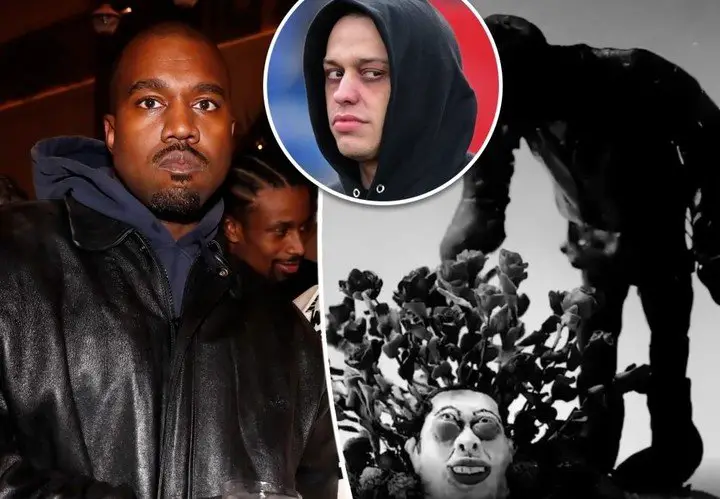 Kanye West, Pete Davidson y una escena del video de "Eazy".