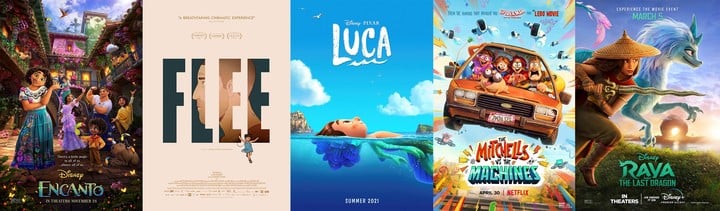 Mejor filme de animación puede ganar "Encanto", "Flee", "Luca", "La familia Mitchell vs. las máquinas" o "Raya y el último dragón". Fotos AP