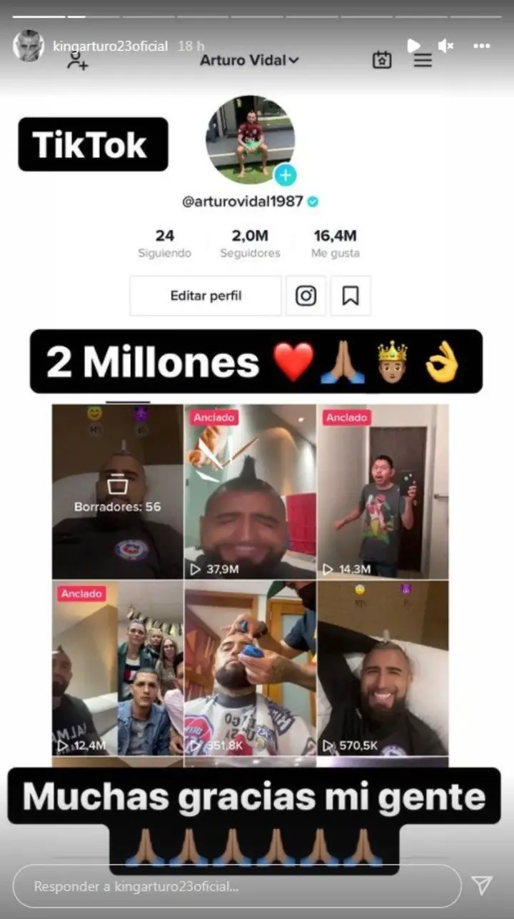 Vidal llegó a los dos millones de seguidores en TikTok. Foto/Captura: Instagram.