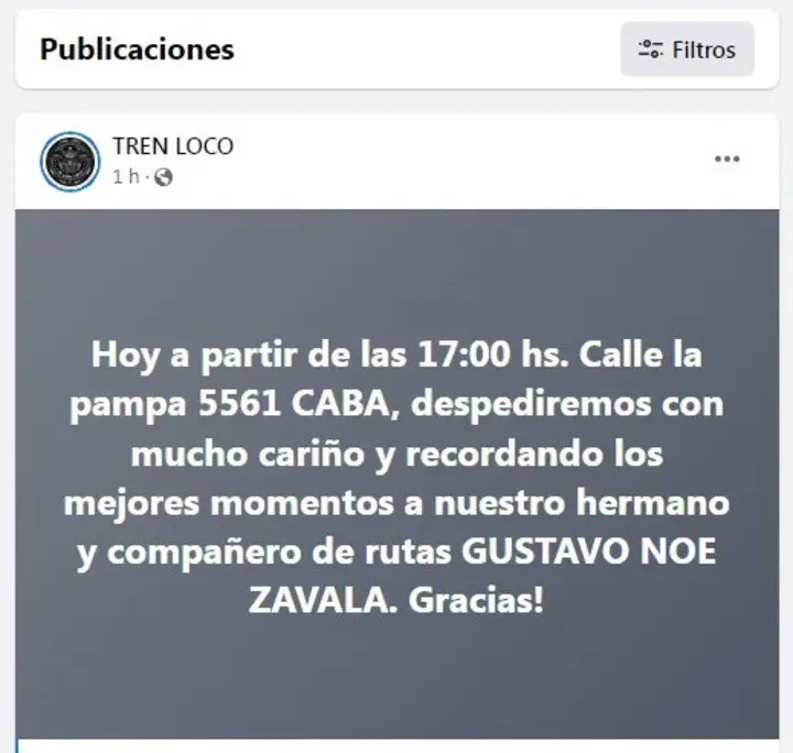 Datos del velorio de Gustavo Zavala, tal como publicó hoy la banda Tren Loco en sus redes.