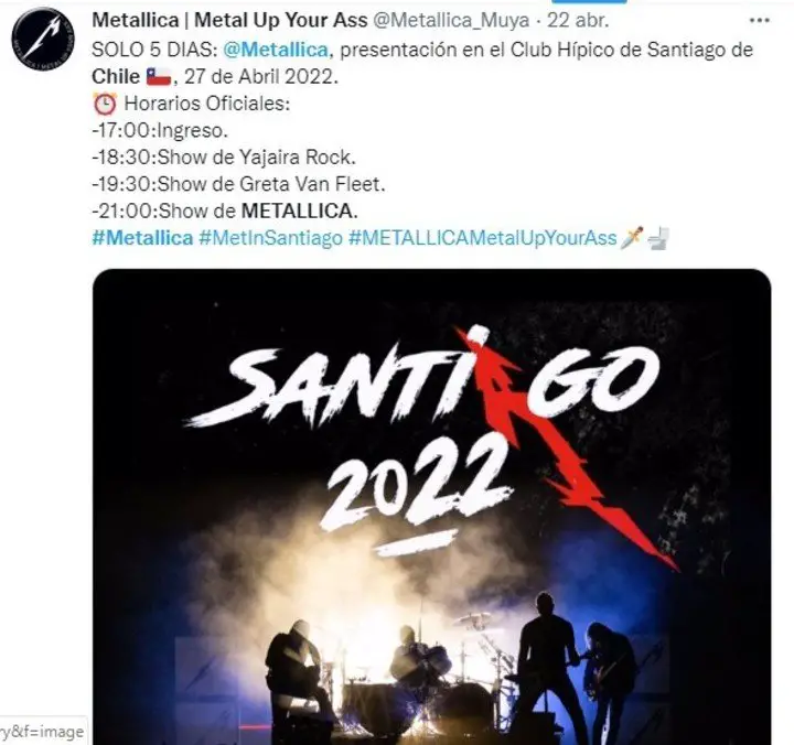 El itinerario del show de Metallica en Chile.