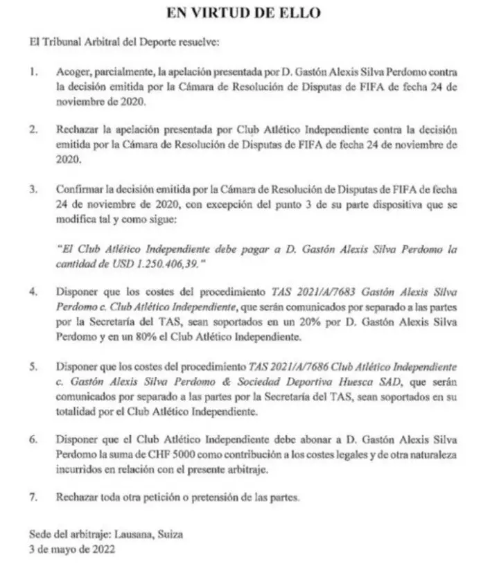 El fallo del TAS a favor de Gastón Silva por el que Independiente deberá pagarle más de un millón de dólares.