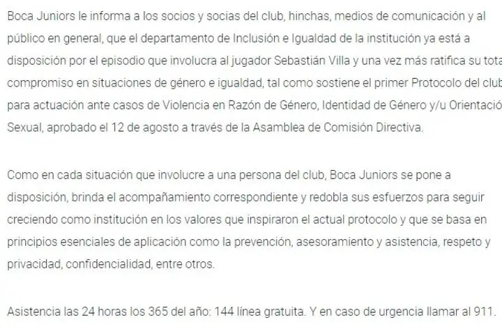 El comunicado de Boca sobre el caso Villa.