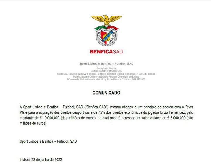 La nota que Benfica envió a la CNMV de Portugal informando la compra de Enzo Fernández.