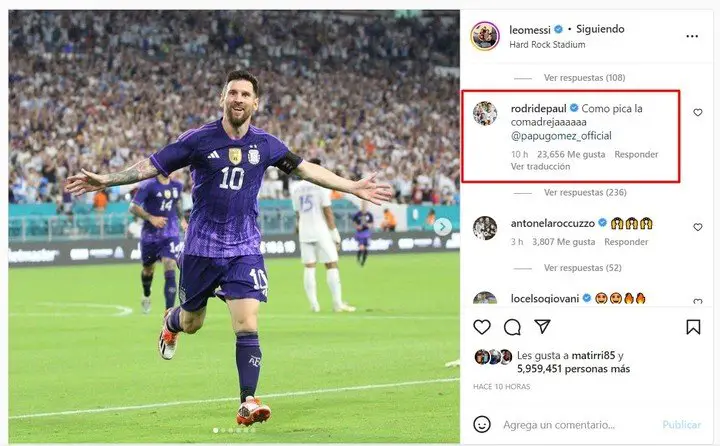 El comentario 'subido de tono' de De Paul en la foto de Messi.
