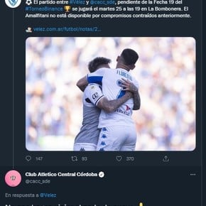 La picante respuesta de Central Córdoba a Vélez en Twitter