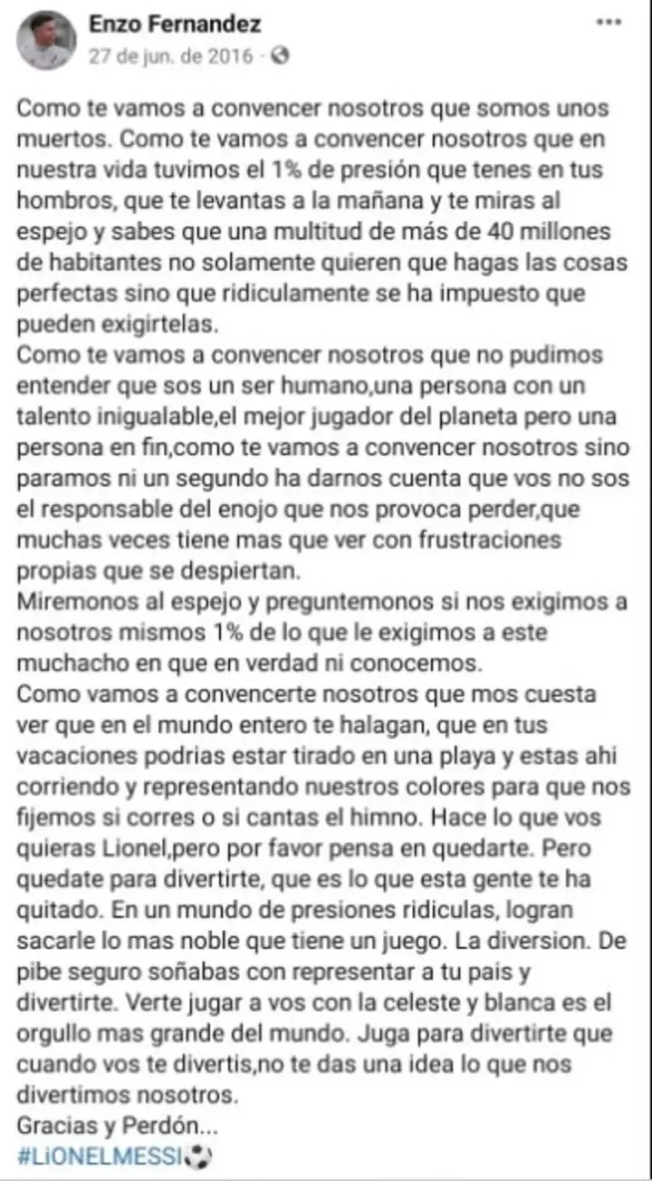La carta viral de Enzo para Messi.