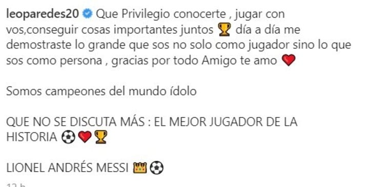 Messi con Paredes y el mensaje en Instagram