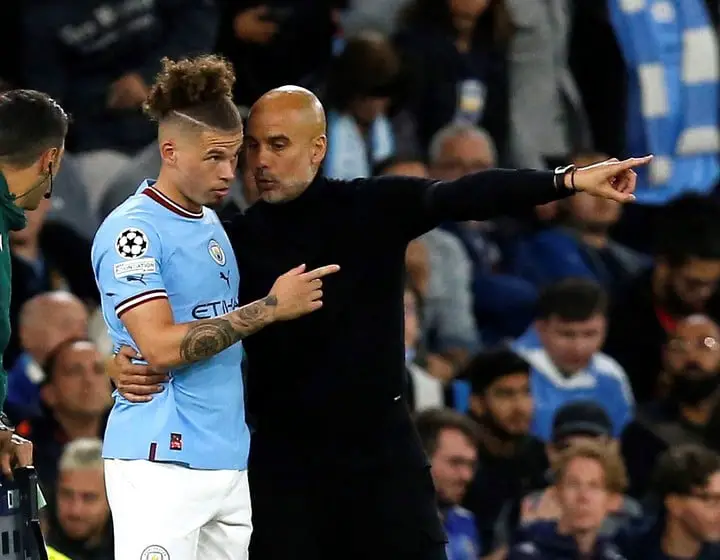 Soccer Football - Champions League - Group G - Manchester City v Borussia Dortmund - Etihad Stadium, Manchester, Britain - September 14, 2022
Manchester City's Kalvin Phillips talks to manager Pep Guardiola before coming on as a substitute REUTERS/Craig Brough