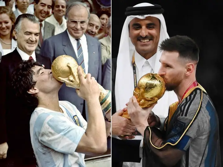 Maradona en 1986 y Messi en 2022. AFP.