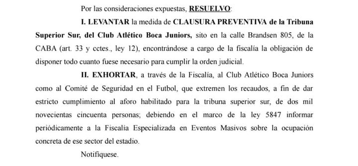 Con este escrito, que llegó a Boca a las 9.50 de este domingo, se le comunicaba que se levantaba la clausura de la tribuna sur de la Bombonera.