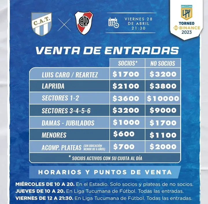 Atlético Tucumán aumentó casi el 70% las entradas para no socios para el partido contra River (Prensa Atlético Tucumán).