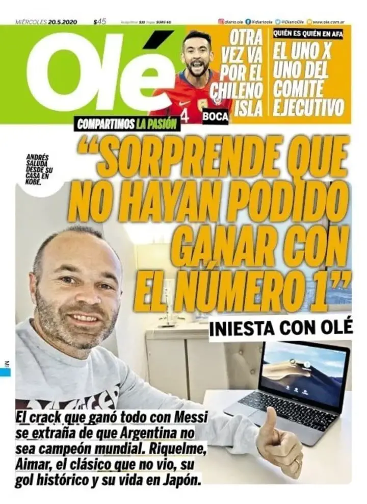La tapa de Olé del miércoles 20 de mayo de 2021, con la entrevista a Iniesta.