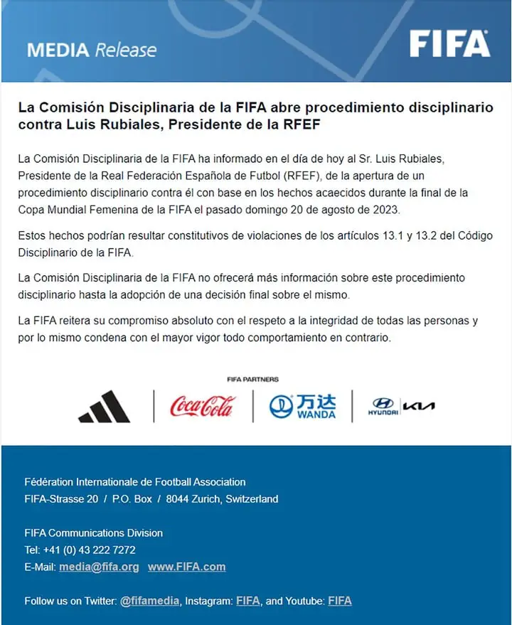 La comunicación del expediente que le abrió la FIFA (EFE / FIFA).