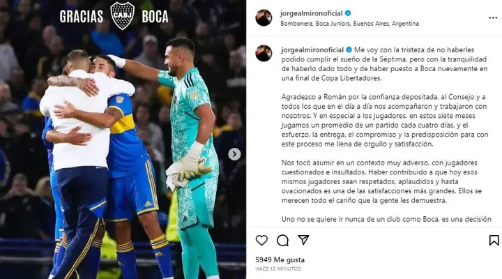 El posteo de Almirón en sus redes sociales luego de presentar su renuncia en Boca.