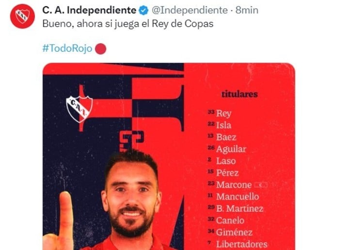 El gaste de Independiente al dar la formación vs. Atlético Tucumán.